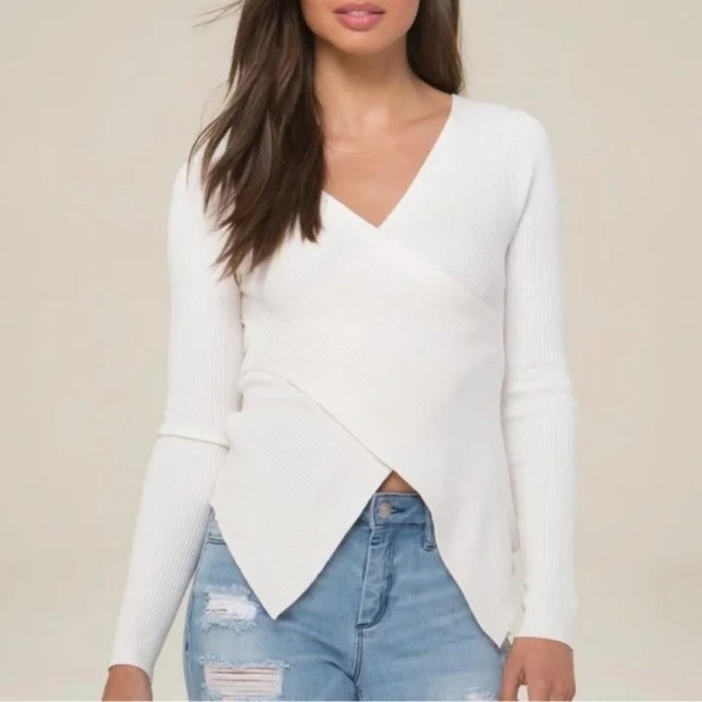 Bebe Ivory White Ribbed Wrap-Front V-Neck Ribbed Sweater